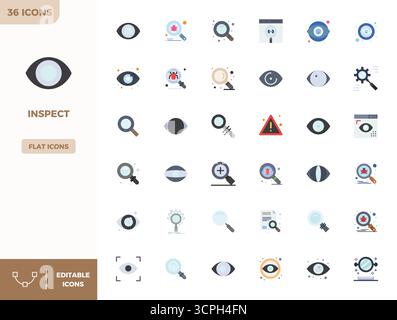 Handgefertigte Kollektion mit 36 flachen Vektorsymbolen für Inspect, optimiert in einer Auflösung von 128x128 PIXELN für erstklassige digitale Erlebnisse Stock Vektor