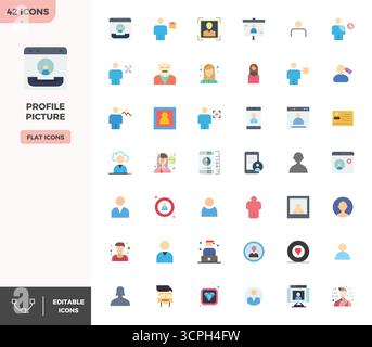 Umfassendes Toolkit mit 42 Vektorsymbolen rund um Profilbild, entwickelt in Flat Color mit 128 x 128 PIXELN perfekter Präzision für vielseitige des Stock Vektor