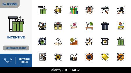 Dieser Satz von 24 flachen linearen Farbvektorsymbolen erfasst Incentive-Themen in perfekter Qualität mit 128x128 PIXELN, perfekt für Technologie- und Geschäftsanwendungen. Stock Vektor