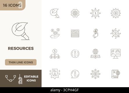 Dieser Satz von 16 Minimal Line-Vektorsymbolen erfasst Ressourcenthemen in perfekter Qualität mit 128x128 PIXELN, perfekt für technische und geschäftliche Anwendungen. Stock Vektor