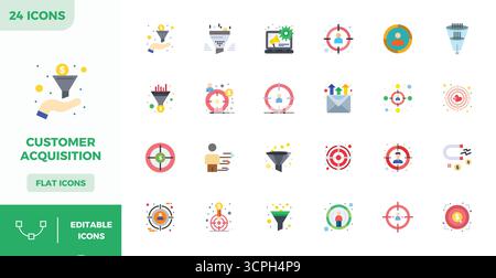 Eine übersichtliche Sammlung von 24 flachen Vektorsymbolen, die die Kundenakquisition darstellen, im perfekten Format mit 128x128 PIXELN für moderne Dashboards und Stock Vektor
