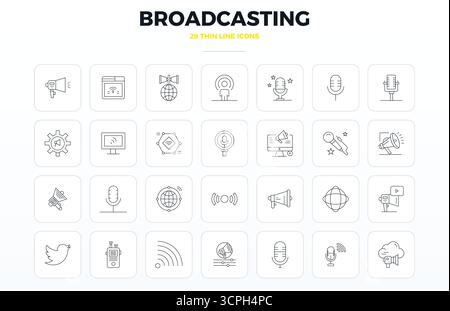 Laden Sie 28 skalierbare Thin Outline-Vektorsymbole herunter, die speziell für Broadcasting entwickelt wurden und eine PIXEL-perfekte Auflösung von 128x128 bieten, die für Profis und cre geeignet ist Stock Vektor