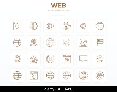 Ultimative Sammlung von 24 Vektorsymbolen, die Websymbole in starker Outline-Ästhetik darstellen, optimiert mit einer perfekten Auflösung von 128x128 PIXELN für maximale Leistung Stock Vektor