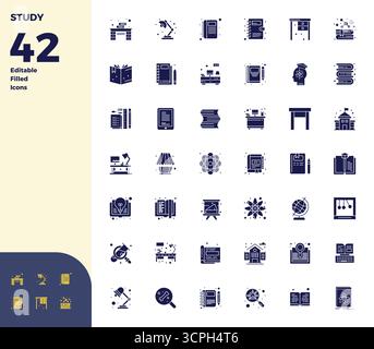 Professionelle Sammlung von 42 Glyph-gefüllten Vektorsymbolen, die die Studie darstellen, gefertigt mit 128x128 PIXELN perfekter Präzision für Unternehmensanwendungen Stock Vektor