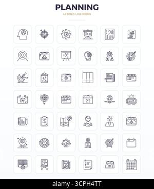 Sammlung von 42 starken KONTURPIXEL Perfect Vektorsymbolen für Planning im Format 128x128 für Klarheit und Vielseitigkeit. Stock Vektor