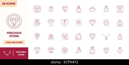 Präzisionsgefertigte 28 Minimal Line Vektorsymbole für Precious Stone mit einer perfekten Auflösung von 128x128 PIXELN für außergewöhnliche Klarheit und Skalierbarkeit Stock Vektor
