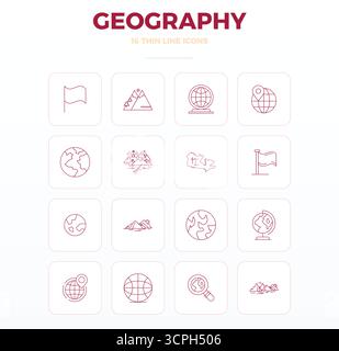 Verwandeln Sie Ihre Designs mit 16 dünnen Konturvektorsymbolen rund um die Geografie, die in einer perfekten Auflösung von 128x128 PIXELN für maximale Klarheit entwickelt wurden. Stock Vektor