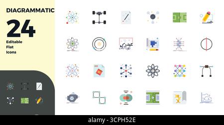 Dieses Paket mit grafischen Vektorsymbolen enthält 24 flache Designs im perfekten Format mit 128x128 PIXELN, perfekt für die Verbesserung digitaler Schnittstellen. Stock Vektor