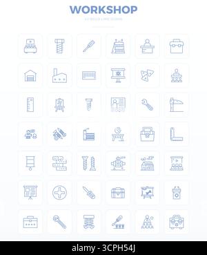 Leistungsstarke Sammlung von 42 starken Konturvektorsymbolen für Workshop, entwickelt mit einer perfekten Auflösung von 128x128 PIXELN für optimale Benutzerinterfac Stock Vektor