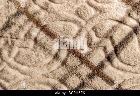 Nahaufnahme eines weichen Teppichs mit strukturiertem Muster. Eine Makroaufnahme, die die komplizierten Details und die haptische Natur des Teppichs hervorhebt. Stockfoto