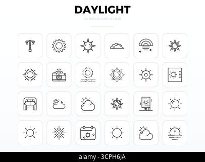 Dieses Daylight Vector Icon Paket enthält 24 starke Outline Designs im perfekten Format mit 128x128 PIXELN, perfekt für die Verbesserung digitaler Schnittstellen. Stock Vektor