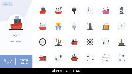 Leistungsstarke Sammlung von 24 flachen Vektorsymbolen für Port, entwickelt mit einer perfekten Auflösung von 128x128 PIXELN für ein optimales Design der Benutzeroberfläche. Stock Vektor