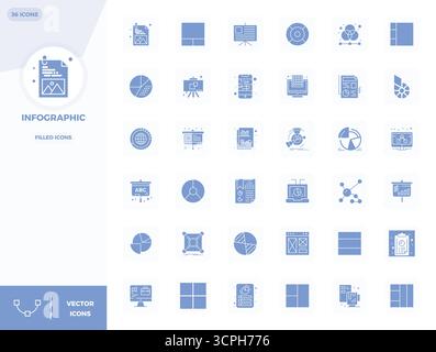 Fortschrittliche Sammlung von 36 PIXEL Perfect Vektor-Symbolen, inspiriert von Infografik, mit 128x128-Optimierung für überragende visuelle Leistung Stock Vektor