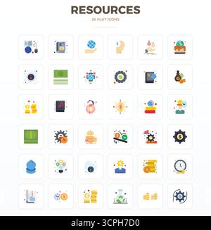 Akribisch gefertigte 36 Minimal Flat Vektor-Symbole für Ressourcen, geliefert in 128x128 PIXEL perfekter Qualität für kompromisslose Designstandards. Stock Vektor