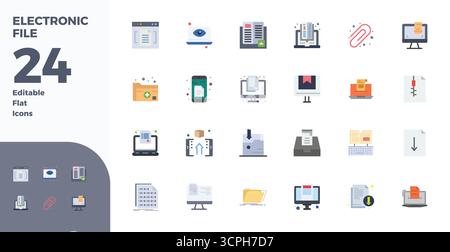 Laden Sie 24 skalierbare flache Vektorsymbole für elektronische Dateien herunter, die mit einer Auflösung von 128x128 PIXEL perfekt für professionelle und kreative Zwecke geeignet sind Stock Vektor