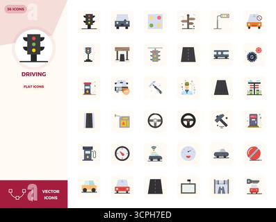 Zeitgenössische Sammlung von 36 Vektorsymbolen, die das Fahren in flacher Ästhetik darstellen, mit 128x128 PIXEL perfekter Auflösung für moderne Anwendungen d Stock Vektor