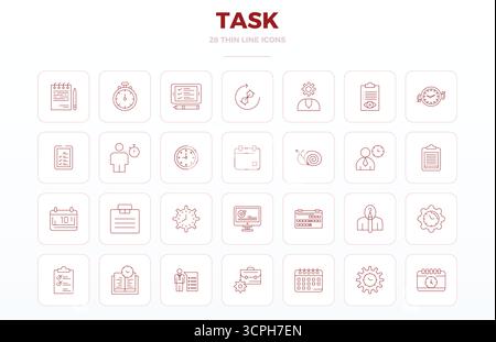 Umfassendes Toolkit mit 28 Vektorsymbolen rund um Task, entwickelt in Thin Outline mit 128x128 PIXELN perfekter Präzision für vielseitige Design-Anwendungen Stock Vektor