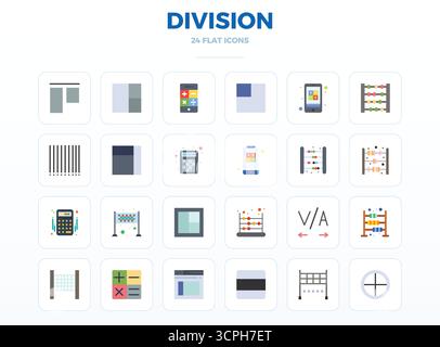Verwandeln Sie Ihre Designs mit 24 minimalen flachen Vektorsymbolen rund um Division, die in einer perfekten Auflösung von 128x128 PIXELN für maximale Klarheit entwickelt wurden. Stock Vektor