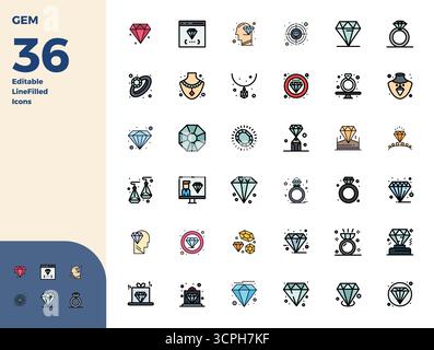Umfassendes Paket mit 36 Vektorsymbolen im Duotone-Design für Gem, in gestochen scharfer Qualität mit 128x128 PIXELN. Stock Vektor