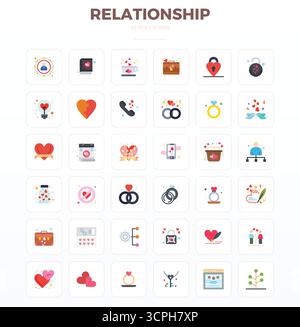 Premium-Sammlung von 36 minimalen flachen Vektorsymbolen für Beziehungen, akribisch in einer perfekten Auflösung von 128x128 PIXELN für überragende visuelle impa Stock Vektor