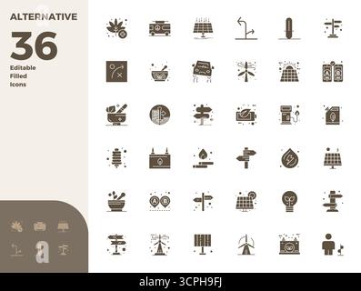Dieser Satz von 36 mit Glyphen gefüllten Vektorsymbolen erfasst alternative Themen in perfekter Qualität mit 128x128 PIXELN, perfekt für technische und geschäftliche Anwendungen. Stock Vektor
