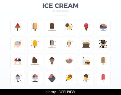 Hochmodernes Bundle mit 24 PIXELN Perfect Vector Icons, inspiriert von Eiscreme, erstellt im Minimal Flat Format bei 128x128 für die nächste Generation i Stock Vektor