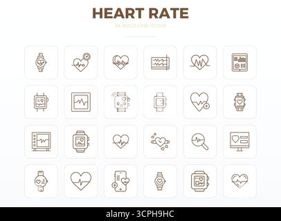 Sammlung von 24 starken Outline PIXEL Perfect Vektorsymbolen für Herzfrequenz im Format 128x128 für Klarheit und Vielseitigkeit. Stock Vektor