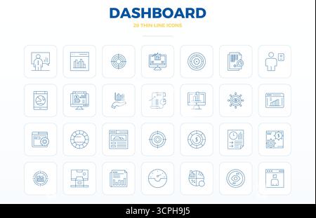 Ein vielseitiger Satz von 28 Thin Outline PIXEL Perfect Vektorsymbolen, die sich auf das Dashboard konzentrieren und im gestochen scharfen Format 128x128 geliefert werden, ideal für mobile Anwendungen und Web-Anwendungen Stock Vektor