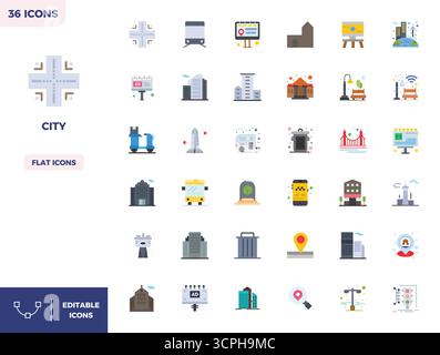 Ein dynamischer Satz von 36 Vektorsymbolen in flacher Farbe, speziell für City mit 128x128 PIXELN, perfekt für digitale Produkte geeignet. Stock Vektor