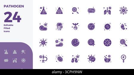 Unverzichtbares Paket mit 24 PIXEL Perfect Vektorsymbolen für Krankheitserreger im Glyph-gefüllten Format, Größe 128x128 für optimale Leistung und Skalierbarkeit. Stock Vektor
