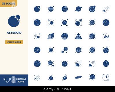 Handgefertigte Kollektion mit 36 gefüllten Vektorsymbolen für Asteroiden, optimiert in einer Auflösung von 128x128 PIXELN für erstklassige digitale Erlebnisse. Stock Vektor