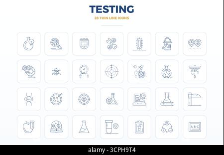 Exklusive Sammlung von 28 Thin Outline-Vektorsymbolen zum Testen, entwickelt mit einer perfekten Auflösung von 128x128 PIXELN für erstklassige Markenerlebnisse. Stock Vektor