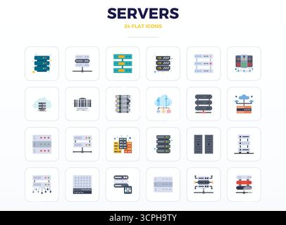 Innovatives Paket mit 24 Vektorsymbolen rund um Server mit minimalem Flat-Design im perfekten Format mit 128x128 PIXELN für moderne digitale Lösungen. Stock Vektor