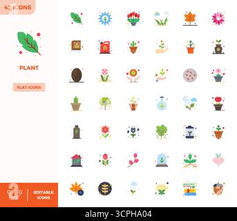 Umfassendes Toolkit mit 42 Vektorsymbolen rund um Plant, entwickelt in Flat Color mit 128x128 PIXELN perfekte Präzision für vielseitige Designanwendungen Stock Vektor