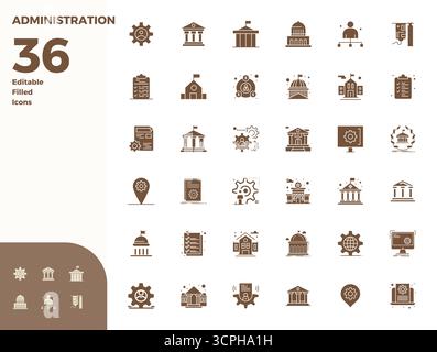 Entdecken Sie ein Set von 36 Glyph-gefüllten Vektorsymbolen, die speziell für das Administrationsthema entwickelt wurden, mit 128x128 PIXELN, ideal für moderne UI/UX PR Stock Vektor