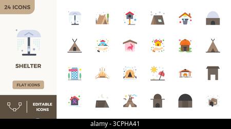 Professionelle Sammlung von 24 flachen Farbvektorsymbolen, die Shelter repräsentieren, gefertigt mit 128x128 PIXELN perfekter Präzision für Unternehmensanwendungen Stock Vektor