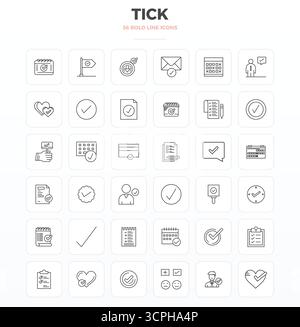 Eine übersichtliche Sammlung von 36 starken Konturvektorsymbolen, die Tick repräsentieren, im perfekten Format mit 128x128 PIXELN für moderne Dashboards und Schnittstellen. Stock Vektor