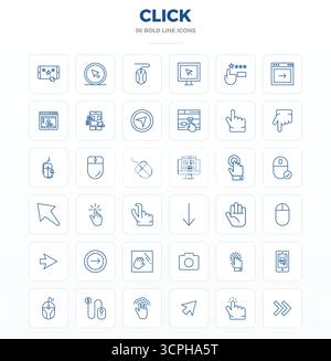 Dieses Click-Vektor-Icon-Paket enthält 36 starke Outline-Designs im perfekten Format mit 128x128 PIXELN, perfekt für die Verbesserung digitaler Schnittstellen. Stock Vektor