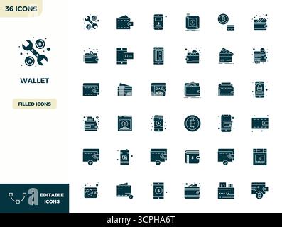 Wunderschön gerenderte 36 PIXEL perfekte Vektorsymbole für Wallet mit einer Auflösung von 128x128 für beeindruckende visuelle Konsistenz über alle Plattformen hinweg. Stock Vektor