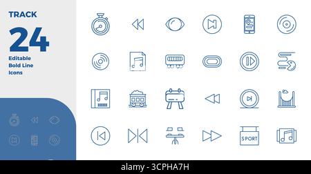 Raffiniertes Paket mit 24 Bold Line Vektorsymbolen für Track, optimiert mit 128x128 PIXELN perfekte Qualität für elegante und funktionale Designlösungen Stock Vektor