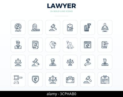Unverzichtbares Paket mit 24 PIXEL Perfect Vektor-Icons für Anwalt in starkem Outline-Format, Größe 128x128 für optimale Leistung und Skalierbarkeit. Stock Vektor