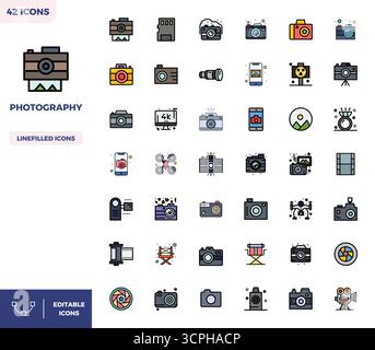 Meisterhaft erstellte 42 Vektorsymbole, die Fotografie in flachem Linealfarbdesign darstellen, mit einer perfekten Auflösung von 128x128 PIXELN für außergewöhnliches V Stock Vektor