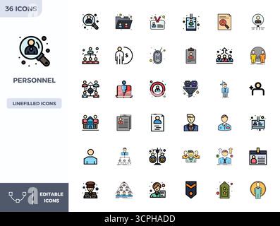 Verwandeln Sie Ihre Designs mit 36 flachen, linearen Farbvektorsymbolen, die speziell auf das Personal abgestimmt sind, in einer perfekten Auflösung von 128x128 PIXELN für maximale Helligkeit Stock Vektor