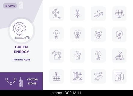 Sammlung von 16 Thin Line PIXEL Perfect Vektorsymbolen für Green Energy im Format 128x128 für Klarheit und Vielseitigkeit. Stock Vektor