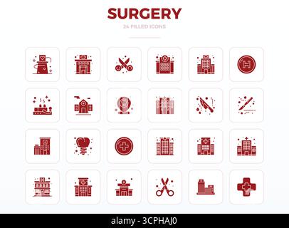 Moderne Sammlung von 24 Vektorsymbolen, die Chirurgie in SolidFill-Ästhetik darstellen, mit einer perfekten Auflösung von 128x128 PIXELN für moderne Anwendungen Stock Vektor