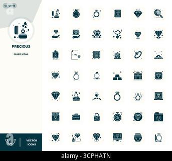 Fortschrittliche Sammlung von 42 PIXEL Perfect Vektorsymbolen, inspiriert von Precious, gefertigt mit 128x128-Optimierung für überragende visuelle Leistung Stock Vektor