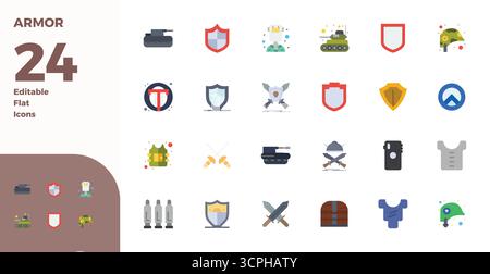 Umfassendes Paket mit 24 Vektorsymbolen im flachen Design für Armor, in gestochen scharfer Qualität mit 128x128 PIXELN. Stock Vektor