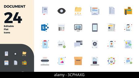 Hochwertige Sammlung von 24 flachen Vektorsymbolen für Document, akribisch gefertigt in einer perfekten Auflösung von 128x128 PIXELN für überragende visuelle Wirkung. Stock Vektor