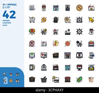 Ausgeklügeltes Paket mit 42 Duotone-Vektorsymbolen für Einkaufswagen, entwickelt mit 128x128 PIXELN perfekter Klarheit für professionelle Anwendungen. Stock Vektor