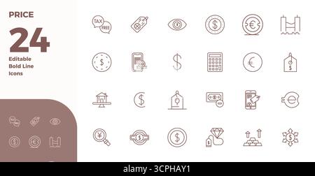 Sorgfältig zusammengestellte 24 Bold Line Vektor-Symbole für Price mit einer perfekten Auflösung von 128x128 PIXELN für konsistente Markendarstellung und Benutzererfahrung Stock Vektor